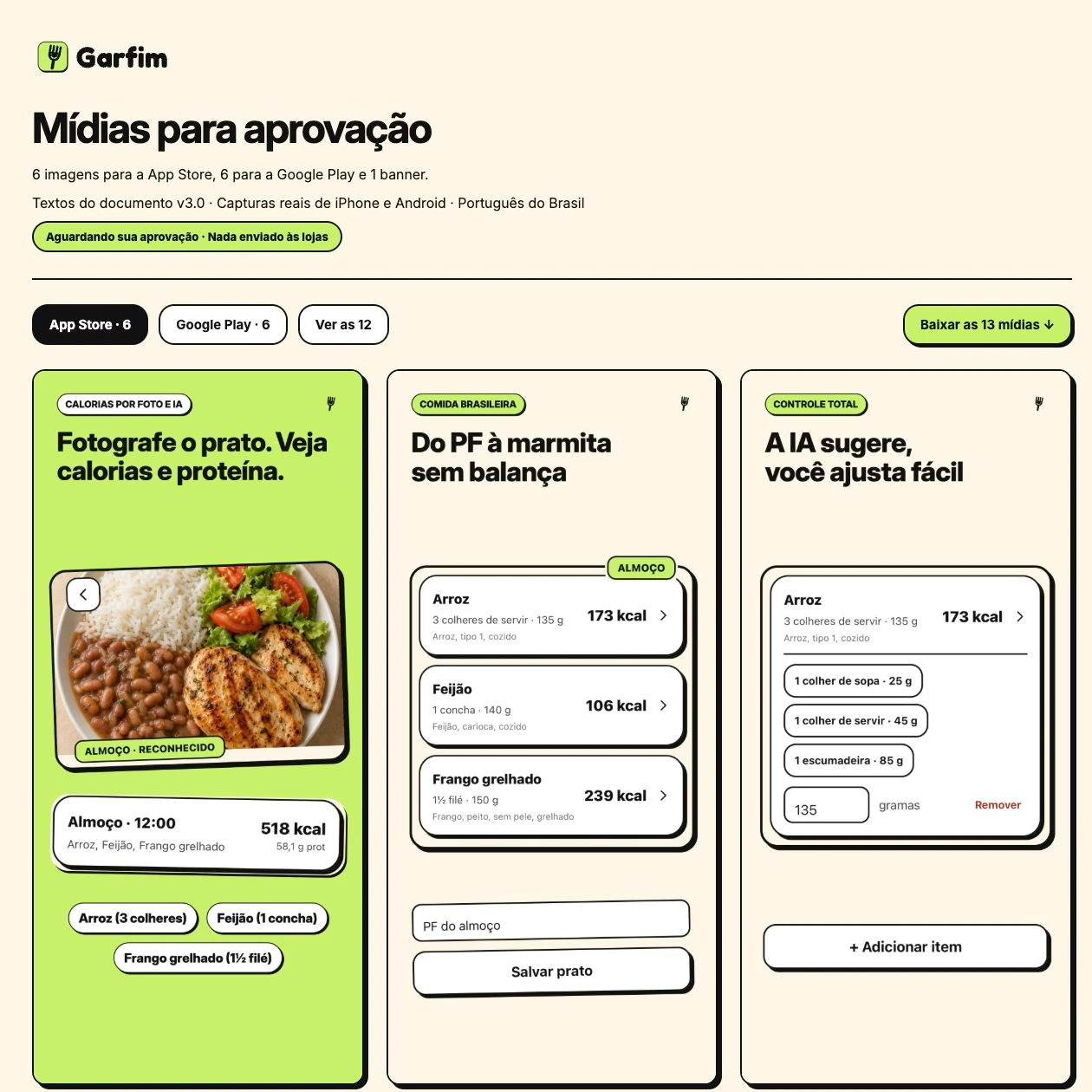 Galeria de aprovação do Garfim com filtros por loja, aviso de aprovação pendente e três peças da App Store.