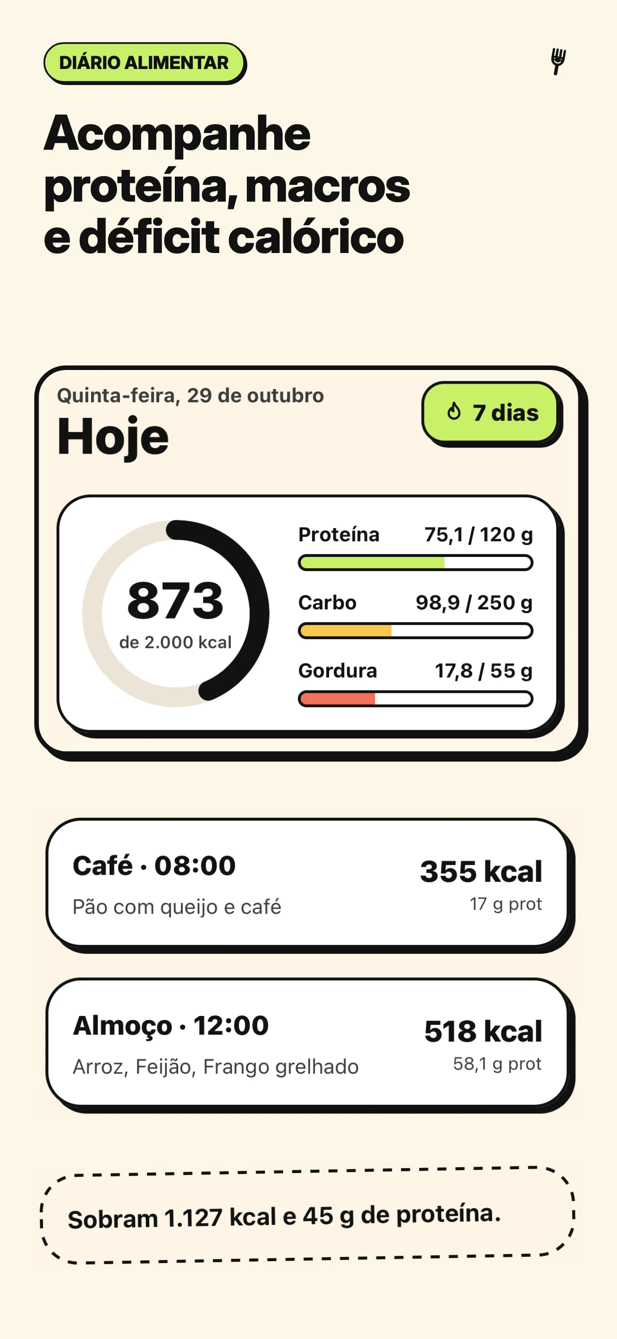Acompanhe proteína, macros e déficit calórico