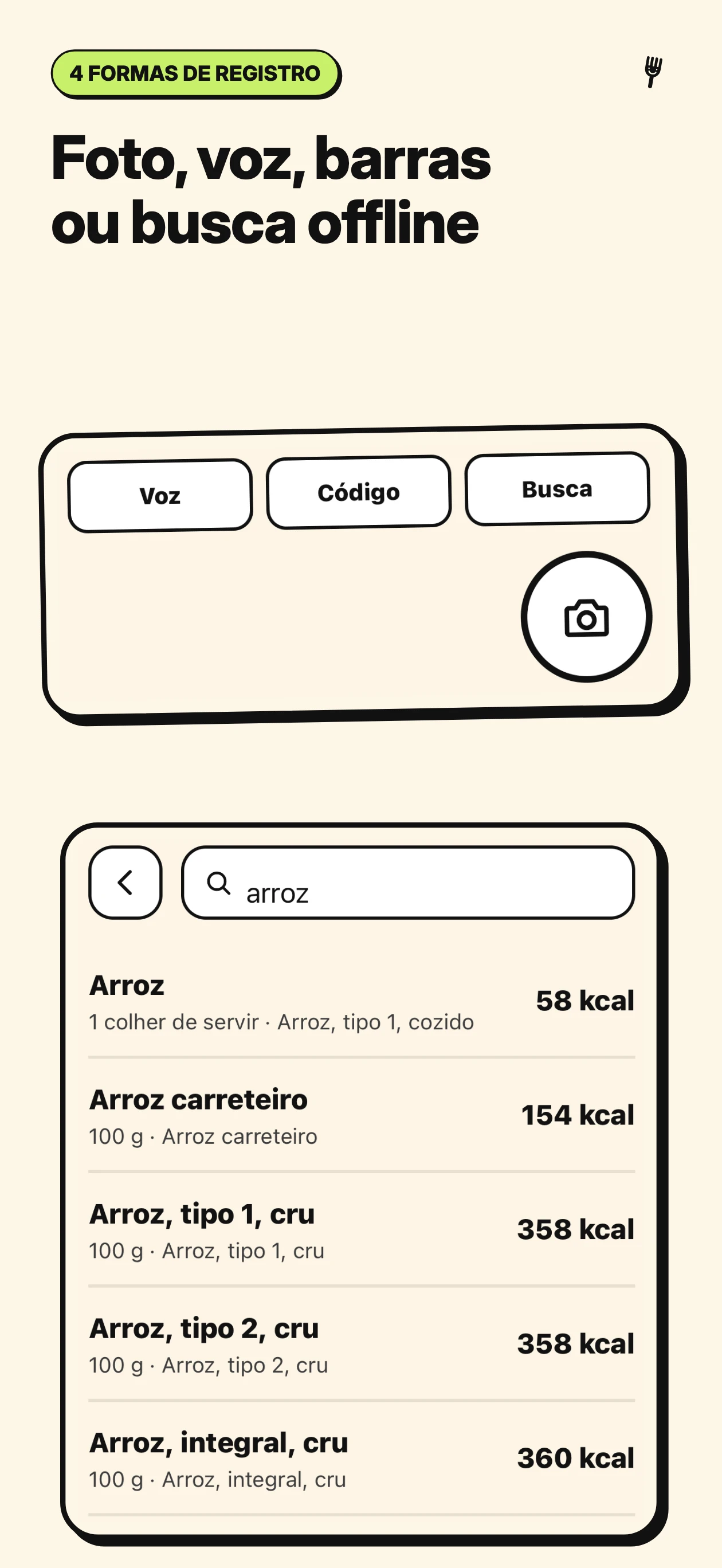 Foto, voz, barras ou busca offline