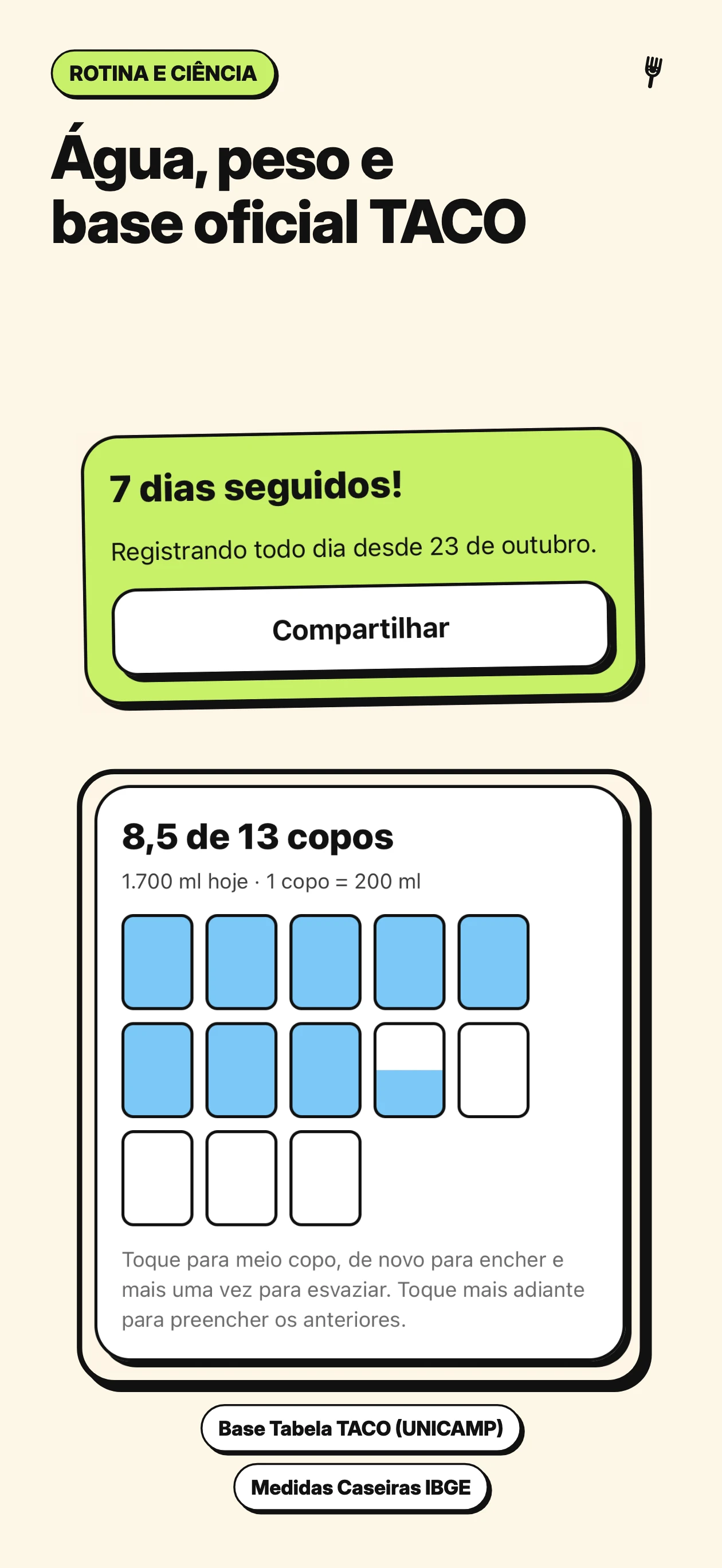 Água, peso e base oficial TACO