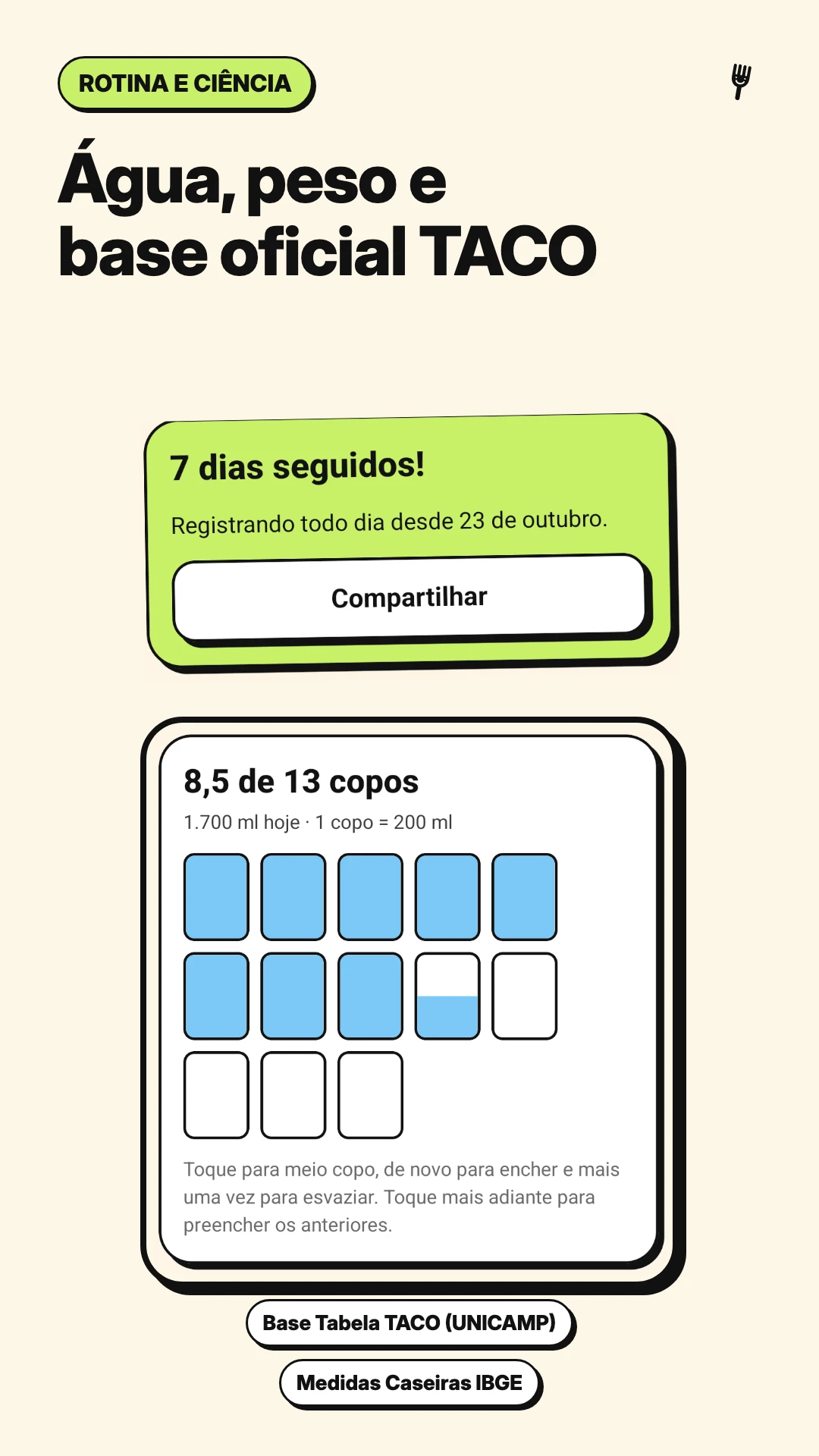 Água, peso e base oficial TACO